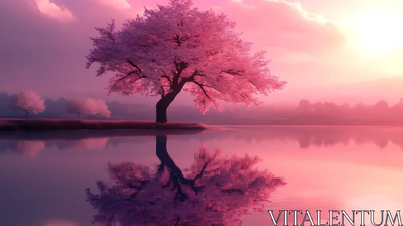 Solitary cherry tree reflects in luminous pink twilight lake