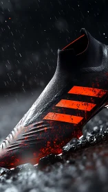 Black soccer cleat showcases vivid orange stripes in rain