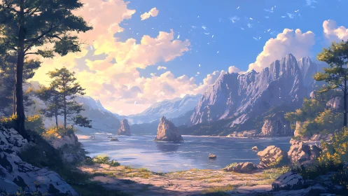 Serene Alpine Lake Surrounded by Towering Mountain Peaks and Forest