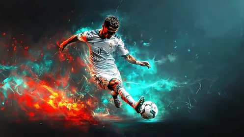 Blazing football striker carving light through neon storms.