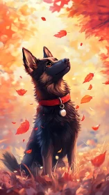 German shepherd dog in autumn foliage digital illustration.