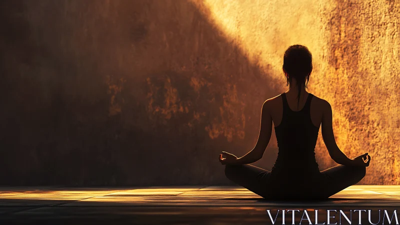 Sunlit yoga meditation silhouette in warm studio glow.