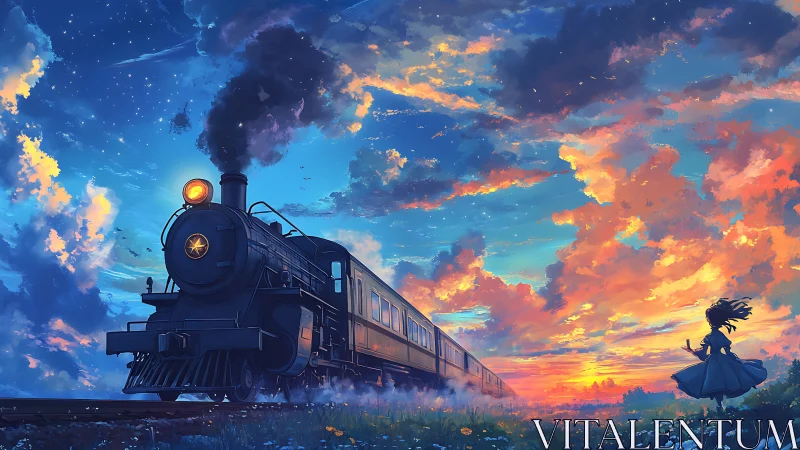 Steam train under vivid sunset sky with silhouetted figure.