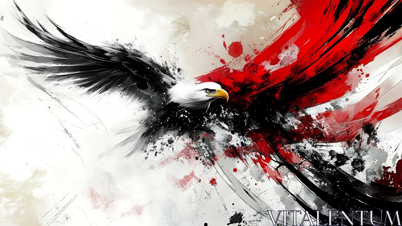 Soaring eagle bursts through bold red and black paint