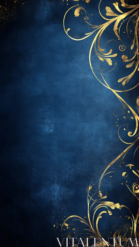 Gold baroque flourishes on textured midnight blue vertical backdrop