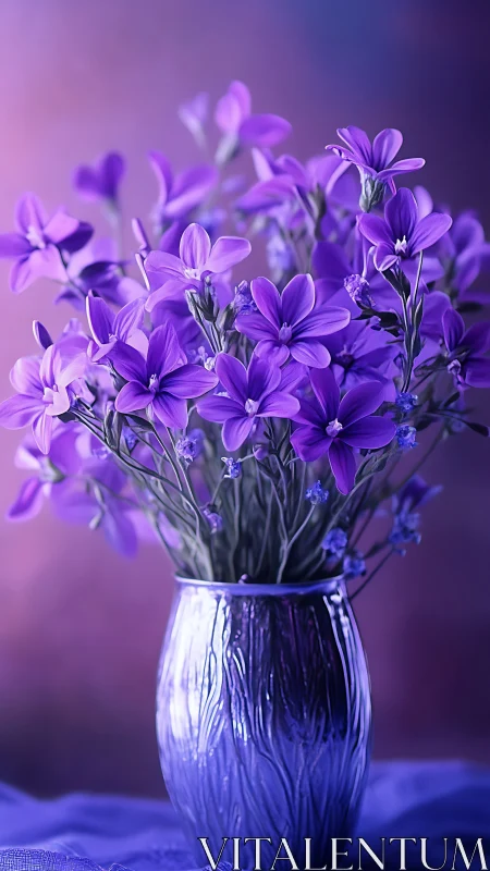 Violet Floral Arrangement in Textured Glass Vase Under Purple Ambient Lighting.