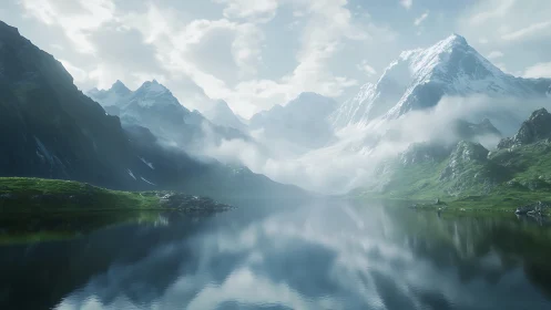 Snowcapped mountain range over tranquil reflective lake.