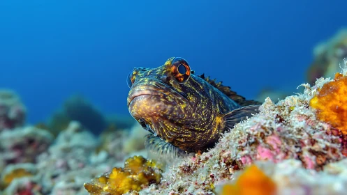Macro closeup of blenny fish on colorful reef in clear blue water