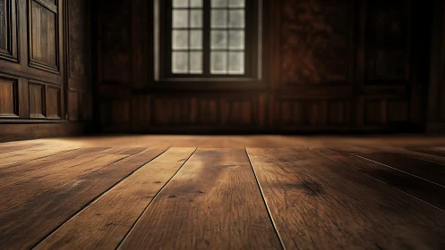 Wood-paneled interior with central window and worn floorboards.