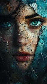 Fragmented female portrait integrates cracked surface textures