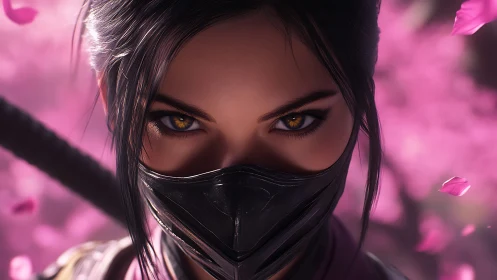 Digital portrait of masked kunoichi amid sakura bokeh field.
