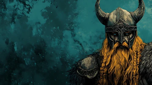 Storm-eyed Viking sentinel broods beneath teal battle skies