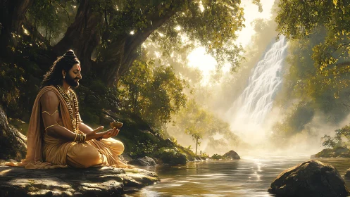 Meditating sage by waterfall in luminant forest atmosphere.