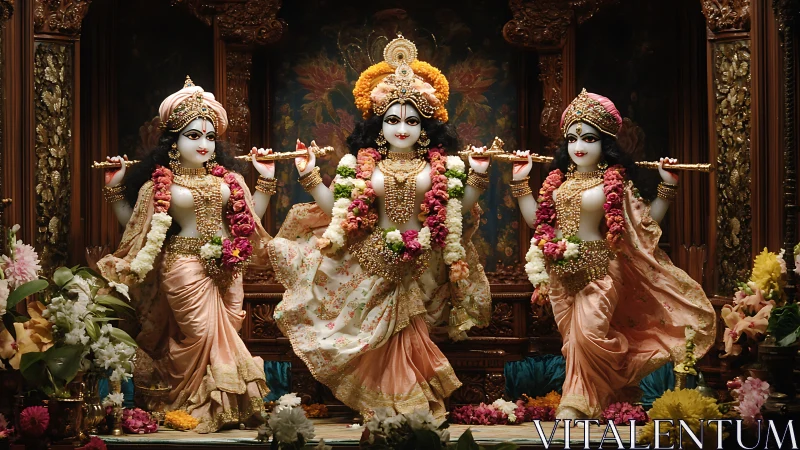 Hindu deity statues with ornate garlands in temple shrine.