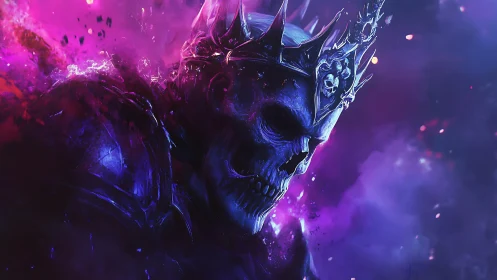 Crowned skeletal king drifting through cosmic purple storms.