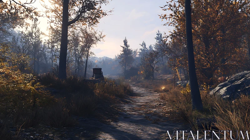 Volumetric-lit forest trail with autumn foliage in soft backlight