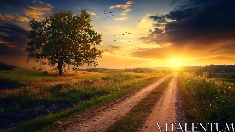 Country road drifts into a molten-gold, storybook sunrise