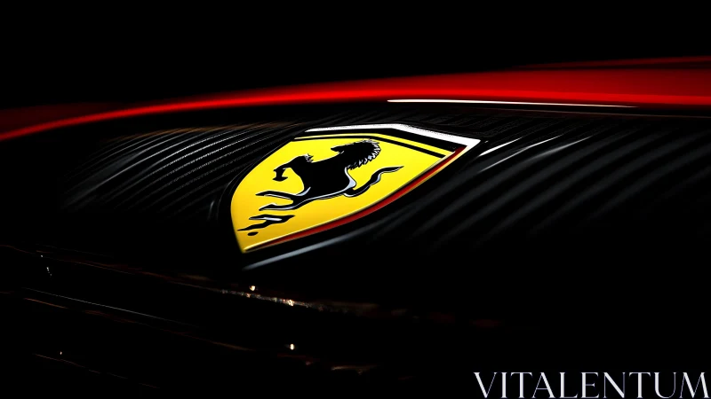 Ferrari front badge close-up in low-key studio lighting.