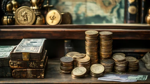 Stacks of coins and cash on vintage wooden desk scene