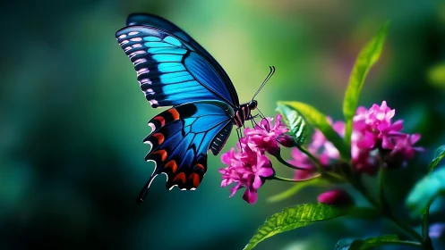 Iridescent blue butterfly with macro floral bokeh background.