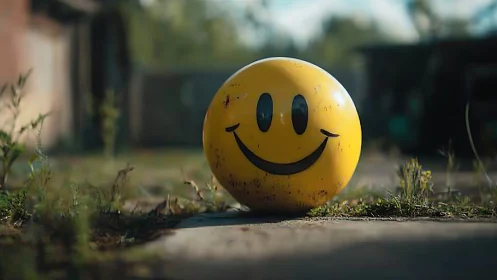 Weathered yellow smiley ball on cracked urban pavement.