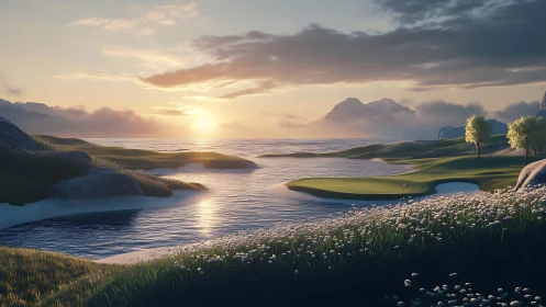 Coastal golf green beside calm inlet at low sunset light.