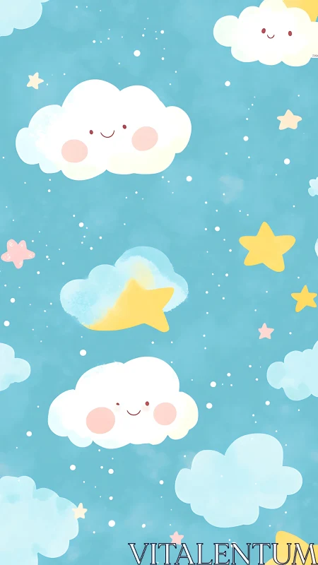 Smiling pastel clouds float with stars on teal sky.