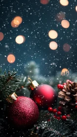 Red baubles and pinecone in softly falling Christmas snow.