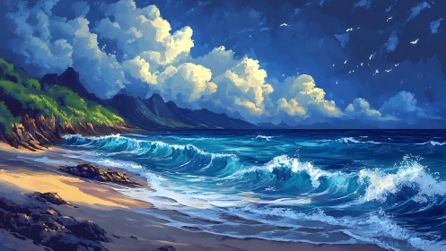 Sunlit waves crash against a vibrant, storm-lit tropical coast