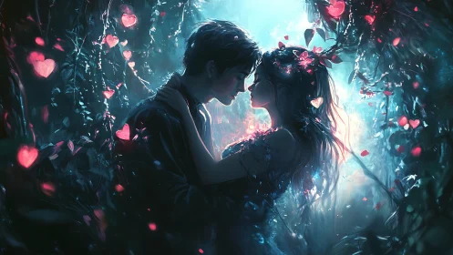 Two Souls Converge: Neon Hearts Bloom Within Ethereal Darkness