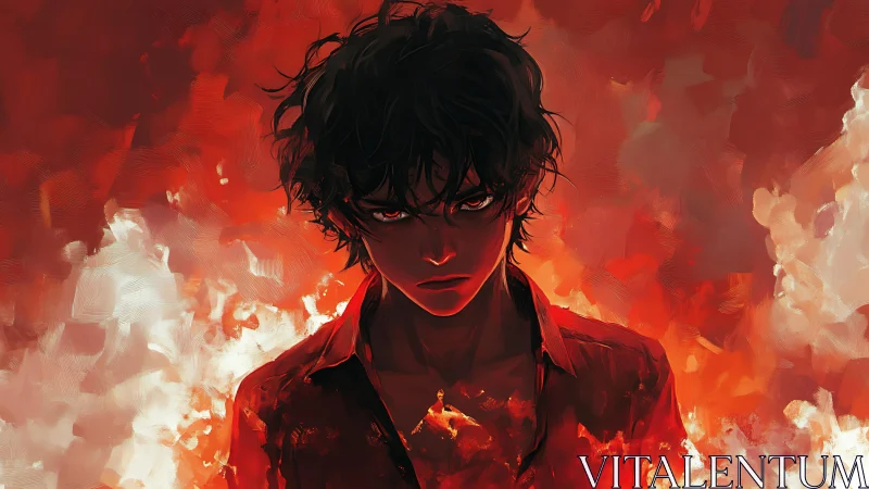 Brooding young man stands amid blazing, painterly flames.