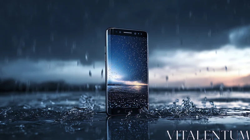 Smartphone submerged in water with atmospheric sky displayed.