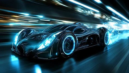 Midnight neon racer streaking through a glowing tunnel.