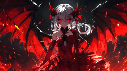 Red-winged horned girl in dark environment remains motionless