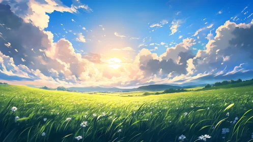 Digital landscape shows sunlit meadow beneath dense clouds