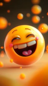 Laughing orange emoji sphere glows in soft bokeh field.