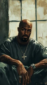 Brooding titan in chains of light before a worn window.