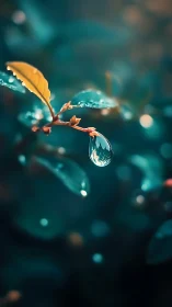 Morning dew clings to a leaf in tranquil teal bokeh haze