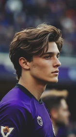 Young footballer gazes toward the pitch in quiet determination