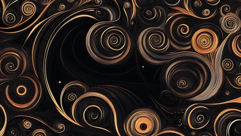 Golden spiral vortex field on black ground with line etching