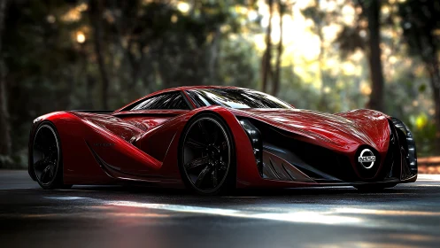 Red futuristic supercar parked on forest roadway at dusk.