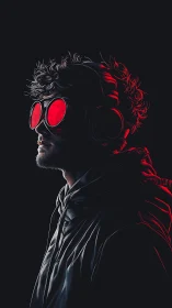 Profile illustration of hooded figure with red goggles.