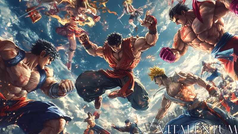 Martial artists clash midair in dynamic anime battle scene