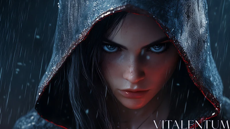 Hooded warrior portrait under rain with intense blue stare.