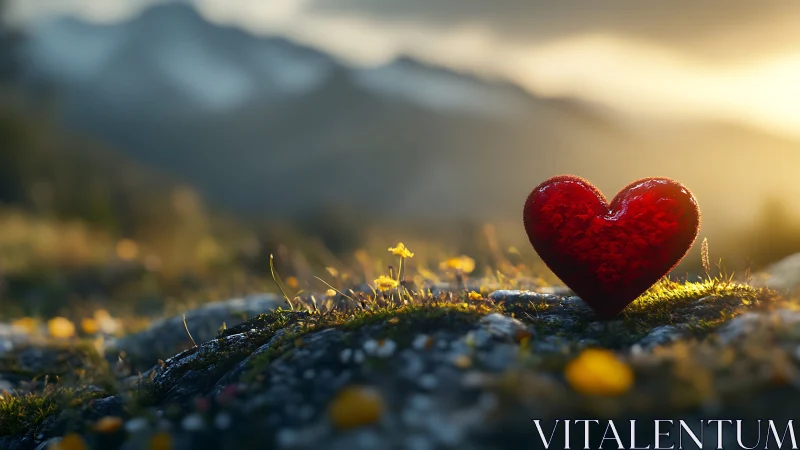 Red heart object positioned on moss-covered stone with mountain landscape