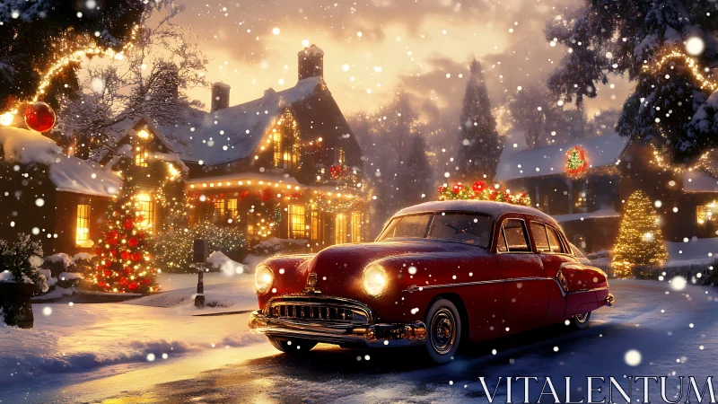 Vintage red car glows before a warmly lit snowy cottage.