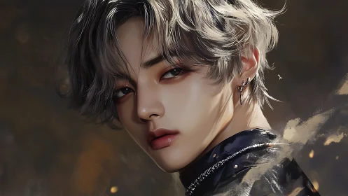 Androgynous silver haired portrait in soft warm light.