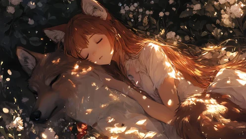 Girl with fox ears resting beside wolf in dappled light.