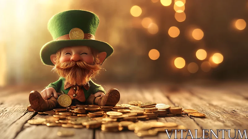 Smiling leprechaun lounges with glittering gold coins.