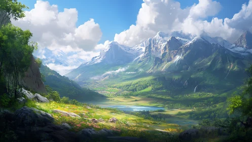 Expansive alpine valley rendered in high-detail digital painting
